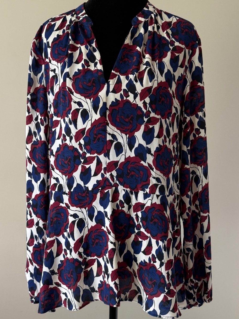 Joe Fresh Floral Rose Print Peplum Blouse Top M Navy Burgundy